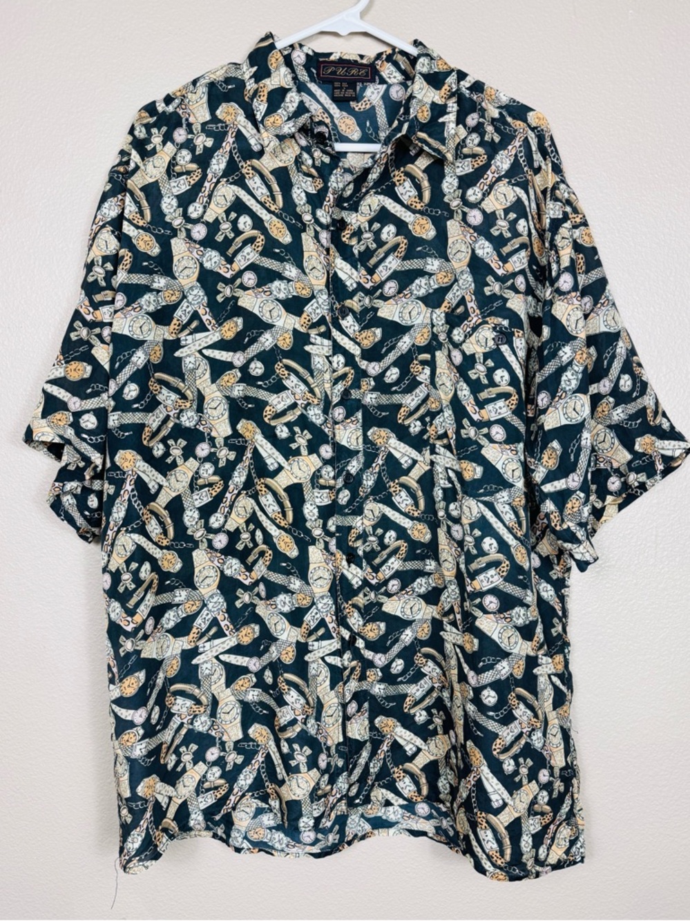 Vintage 90s Silk Watch Print Novelty Party Shirt Mens Large Indie Night Out